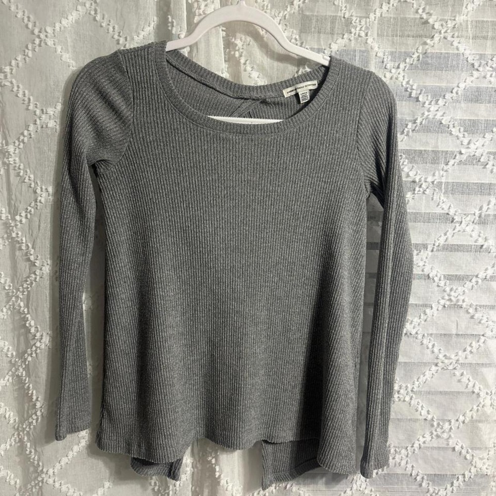 American Eagle Outfitters Womens Gray Ribbed Long Sleeve Open Twist Back Top S‎